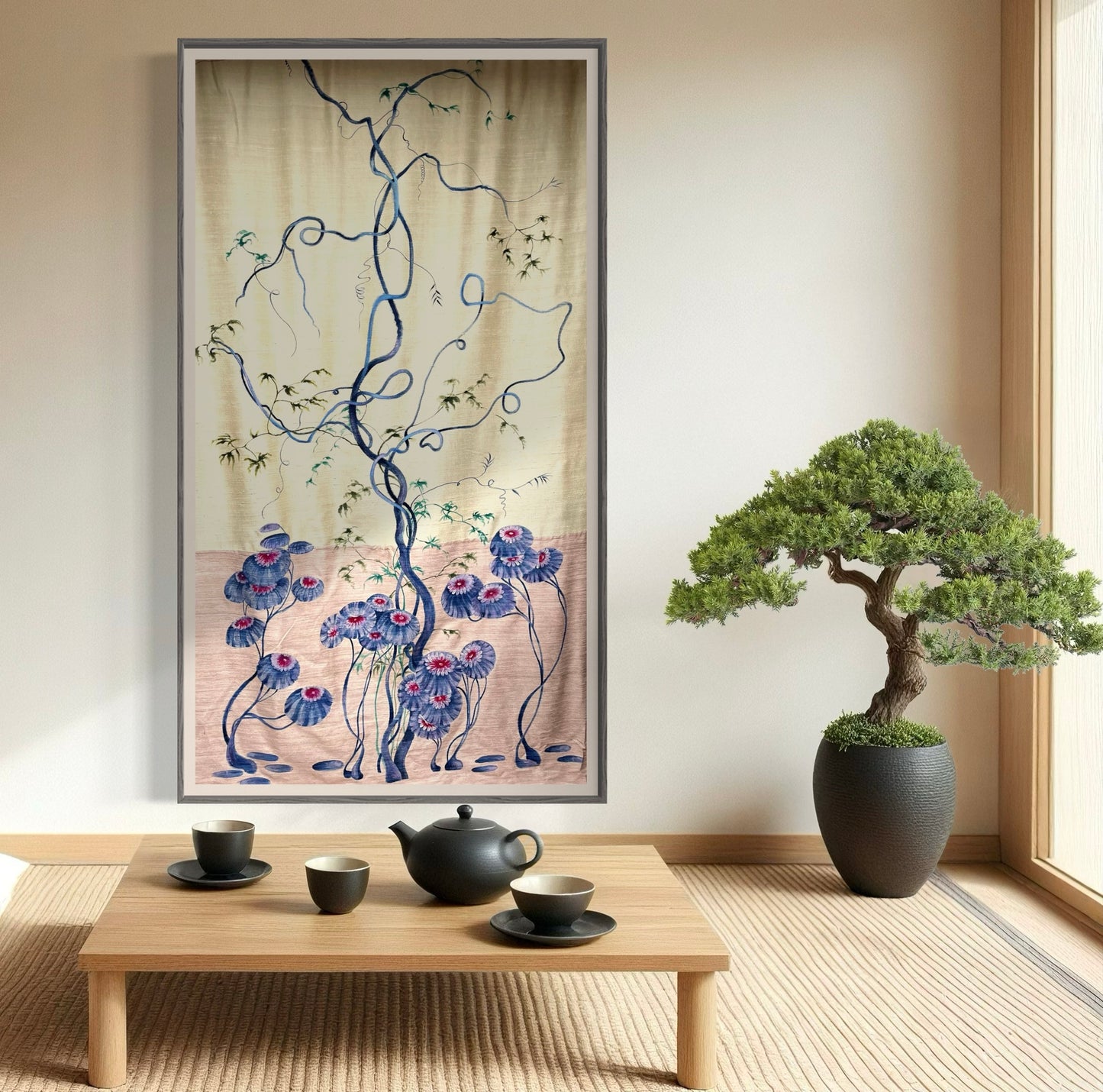 Clarice, Large hand painted silk panel, inspired by art deco stylised florals with a Japanese twist