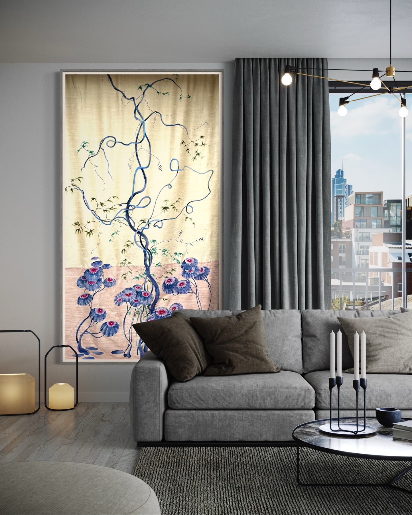 Clarice, Large hand painted silk panel, inspired by art deco stylised florals with a Japanese twist