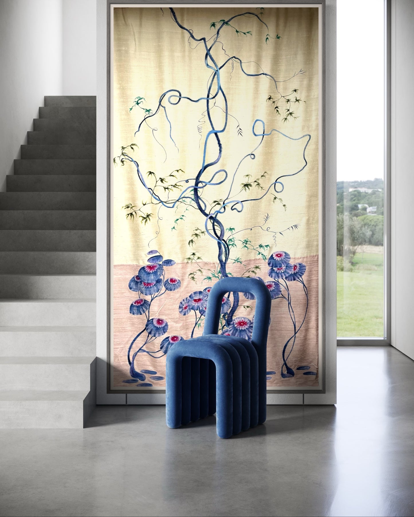 Clarice, Large hand painted silk panel, inspired by art deco stylised florals with a Japanese twist