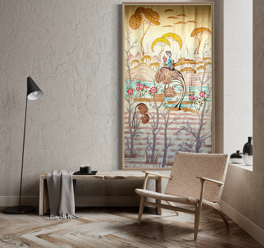 Garden Party, Large hand painted raw silk panel, Art Deco Chinoiserie with a touch of surreal humour.