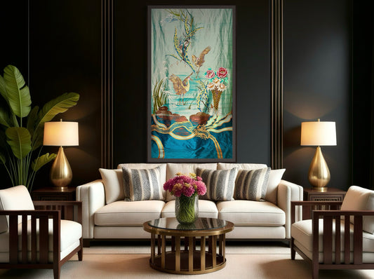 Soaring, Hand painted large silk panel, chinoiserie, style, birds, peonies, bamboo and blossom