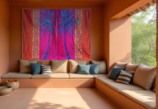 Tropical Palms, 1 pair of hand painted silk panels in hot pink & burnt orange