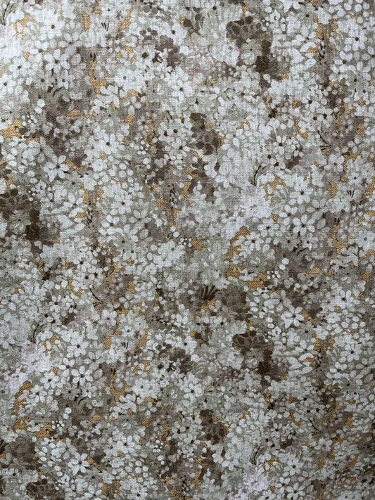 Joy Blossom in Golden Pearl, printed on premium Irish linen. a pretty carpet of lilac blossoms