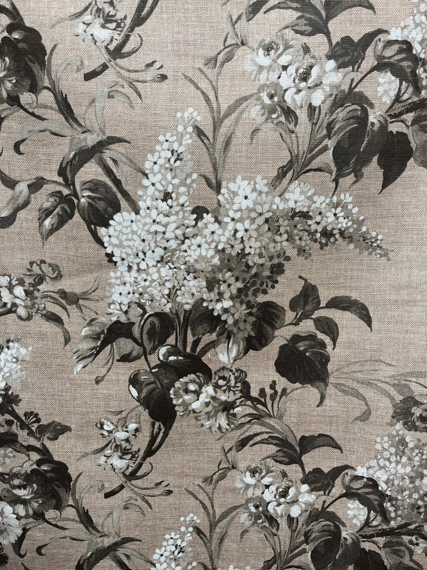 Joy Linen in Cappuccino, printed on premium Irish linen. A flamboyant, exuberant and joyous floral.