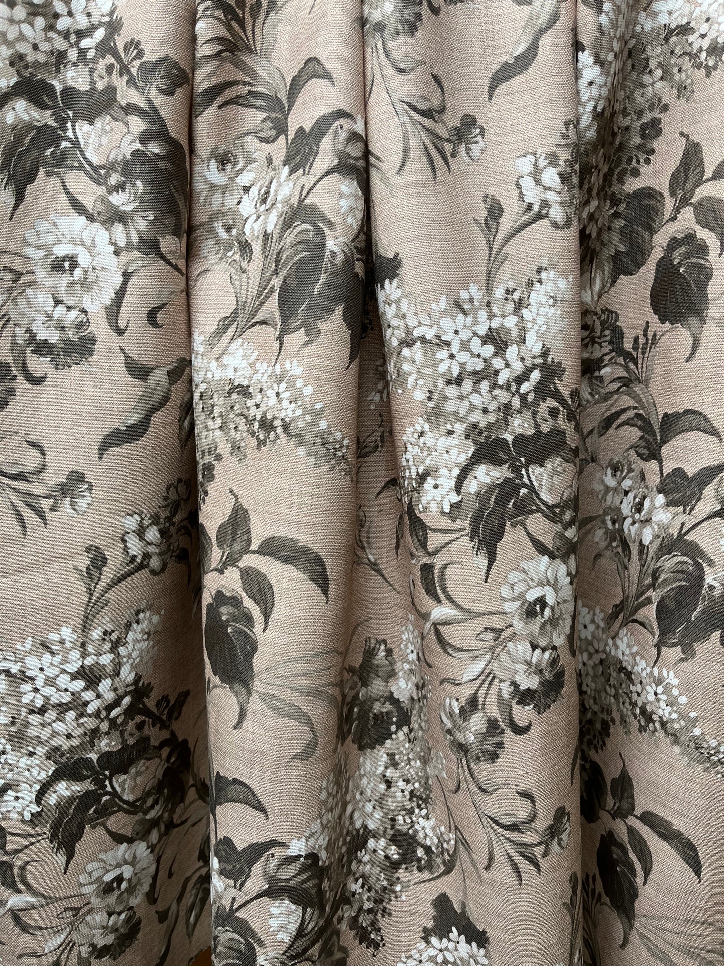 Joy Linen in Cappuccino, printed on premium Irish linen. A flamboyant, exuberant and joyous floral.