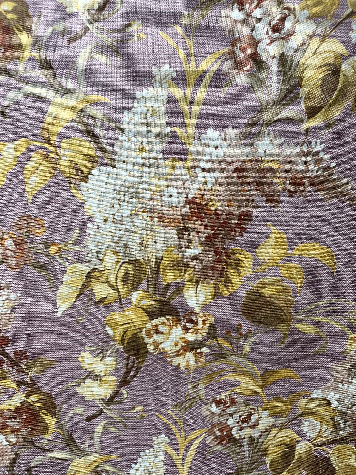 Joy Linen in Autumn Violet, printed on premium Irish linen. A flamboyant, exuberant and joyous Floral