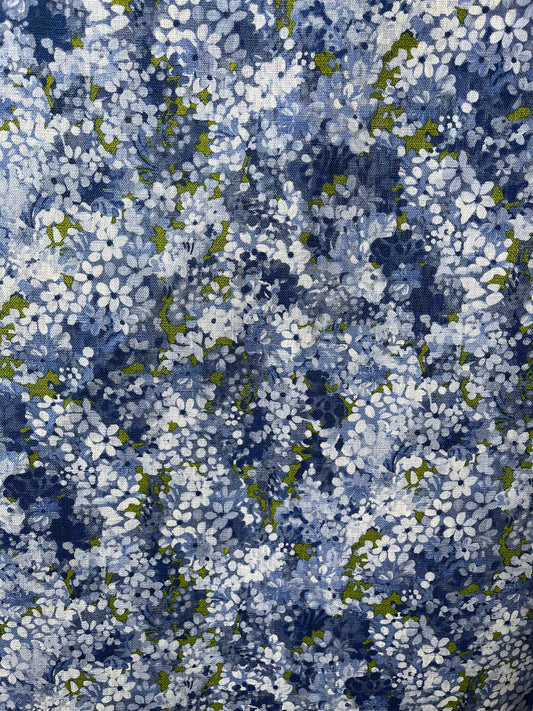 Joy Blossom in Midnight Forest, printed on premium Irish linen. A pretty carpet of lilac blossoms