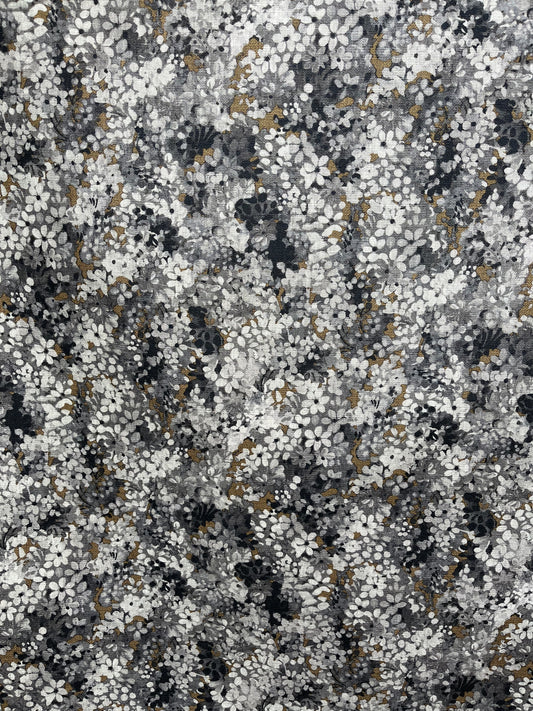 Joy Blossom in Charcoal/Bronze, printed on premium Irish linen. A pretty carpet of lilac blossoms.