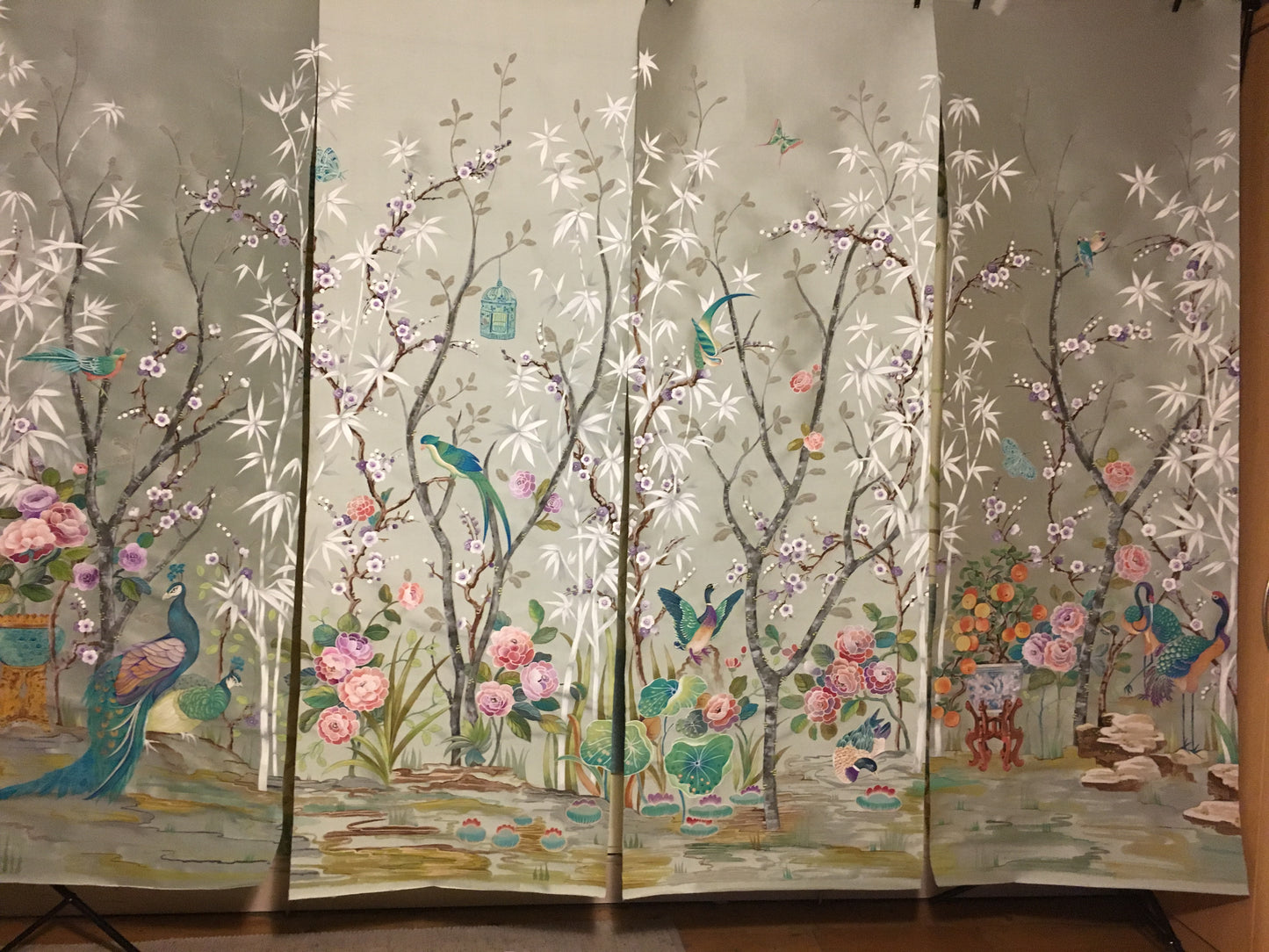 Chinoiserie Wallpaper panels, set of 4 hand painted on paper backed silk.