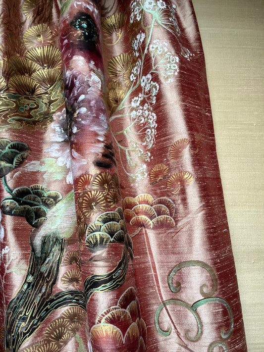 Poppy Drape, Large hand painted silk panel, Painterly poppies, gold and bronze on a lustrous deep rose shot silk.