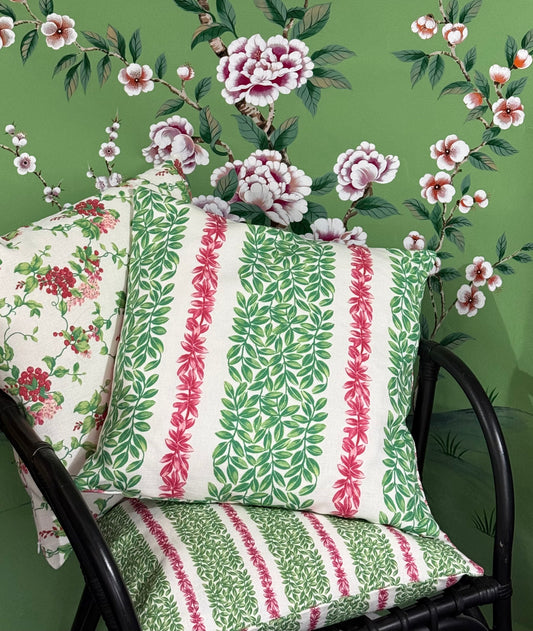 Large Leaf Stripe Cushion Cover in Red and Green