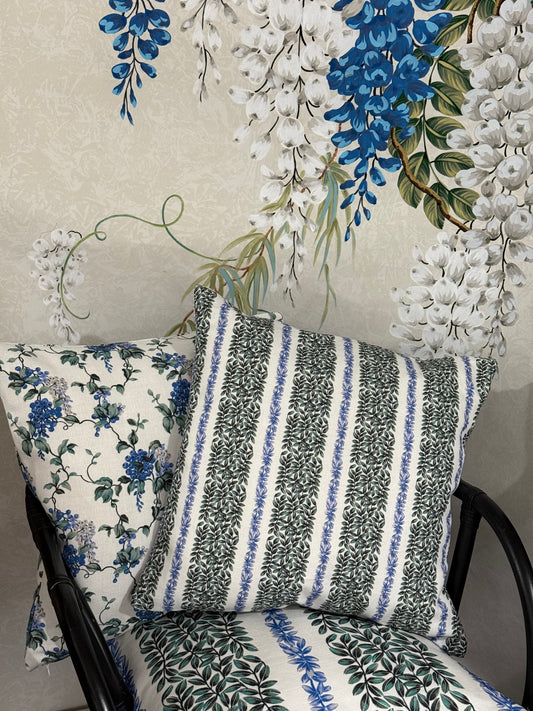 Small Leaf Stripe Cushion Cover in Blue and Green