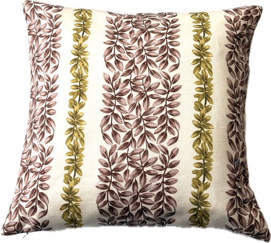 Large Leaf Stripe Cushion Cover in Olive and Mauve Pink
