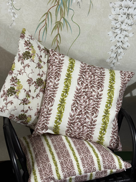 Large Leaf Stripe Cushion Cover in Olive and Mauve Pink