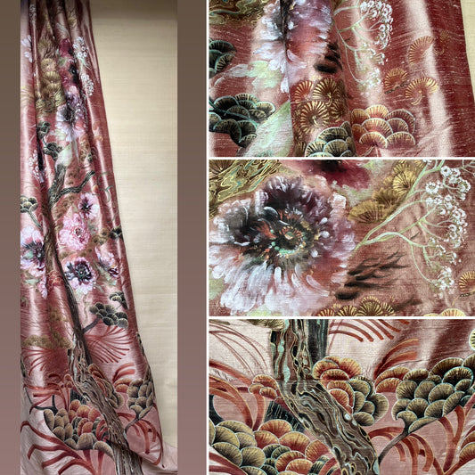 Poppy Drape, Large hand painted silk panel, Painterly poppies, gold and bronze on a lustrous deep rose shot silk.